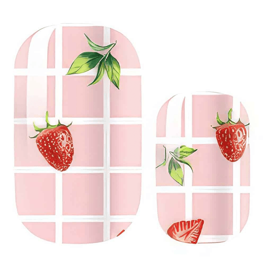 Pink gingham nail wraps with strawberry fruit illustration pattern for summer manicure