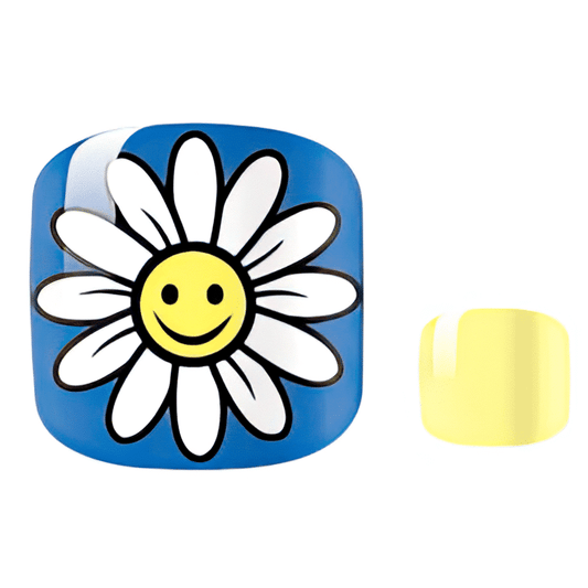 Blue pedicure wraps with white daisy smiley face design for toe nails