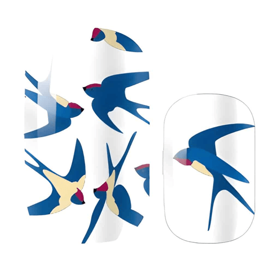 White nail wraps with blue swallow bird pattern for classic manicure design
