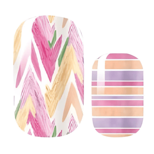 Pastel watercolour nail wraps with pink orange stripes and abstract brush patterns