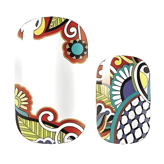 Multicolour paisley nail wraps with bohemian folk art swirl patterns in vibrant hues