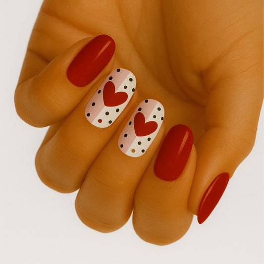 Red and white heart polka dot nail wraps on hand Valentine's romantic nail art