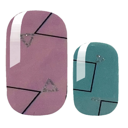 Pink and teal geometric nail wraps with abstract pattern and metallic accents