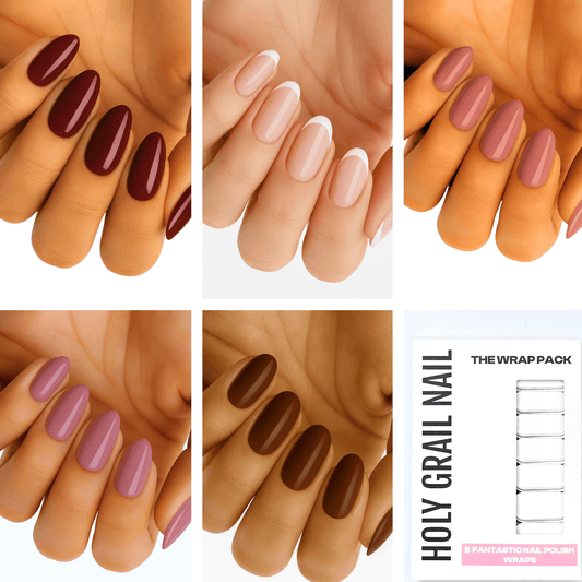 Five hands displaying caramel nude nail wraps in brown and beige tones for classic manicure