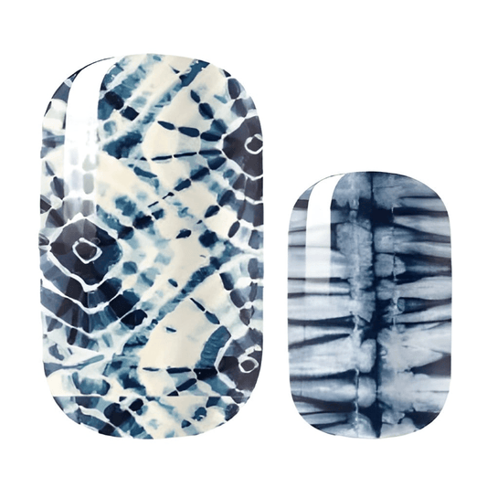 Blue tie dye nail wraps with cream watercolour patterns for at-home manicures