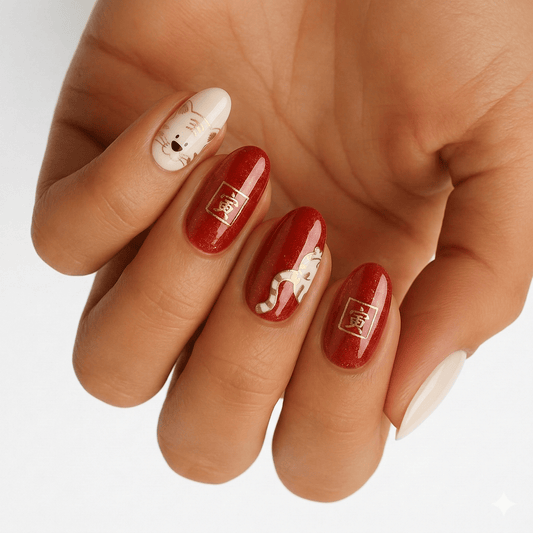 Hand wearing red and cream tiger print nail wraps with playful animal designs
