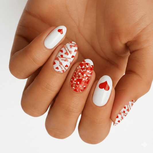 Red heart nail wraps on hand with white base Valentine's romantic design