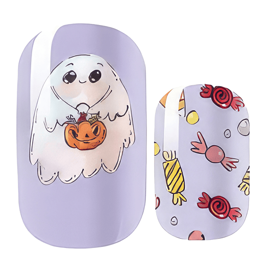 Purple mini me nail wraps featuring cute ghost with pumpkin and Halloween candy designs
