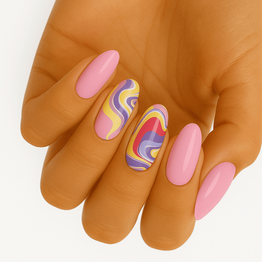 Hand wearing pink nails with psychedelic swirl accent nail wraps in rainbow colours