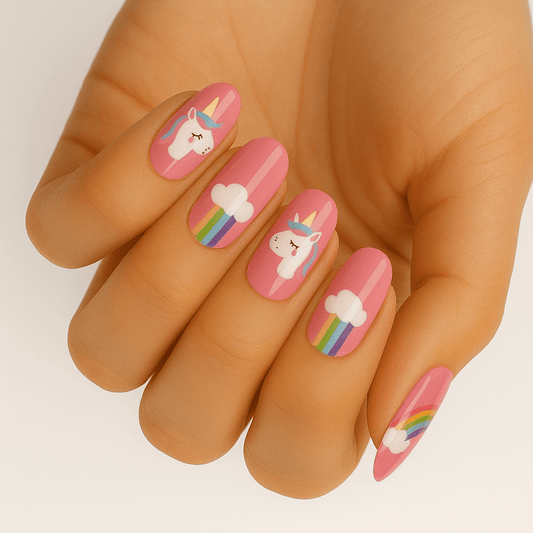 Pink unicorn and rainbow nail wraps on hand showing cute cartoon design manicure