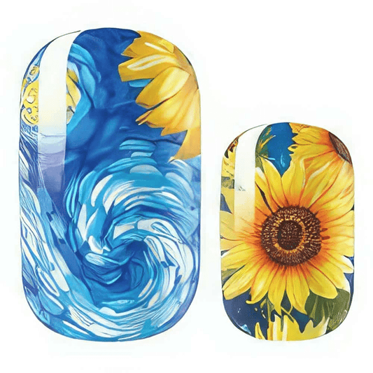 Blue and yellow sunflower nail wraps featuring Van Gogh artistic swirl design