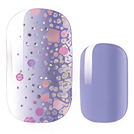 Purple glitter nail wraps with scattered rose gold sparkles and cosmic gradient design