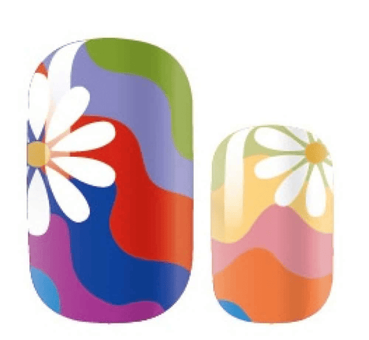 Colourful psychedelic nail art wraps with rainbow swirls and white daisy flowers