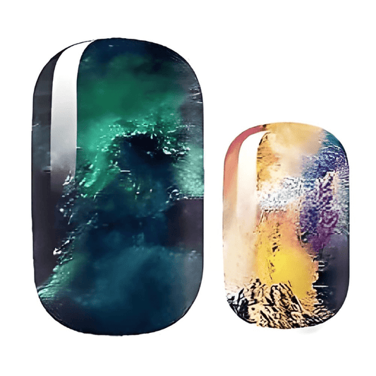 Marble effect nail wraps in emerald green and gold ombre stone pattern