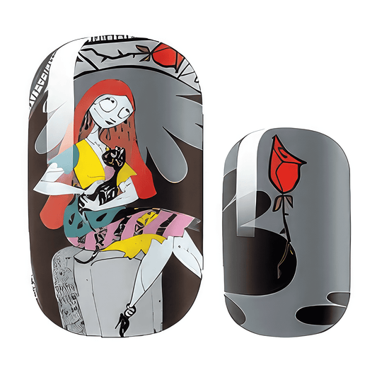 Gothic cartoon character nail wraps featuring black red and grey illustrated design patterns