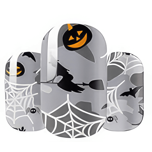 Grey Halloween nail wraps featuring spooky pumpkins spiders and bats for gothic nail art