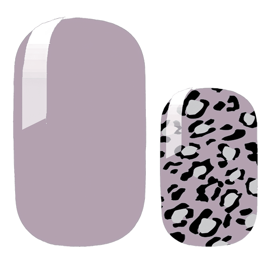 Mauve solid and black leopard print nail wraps showing animal print nail art designs