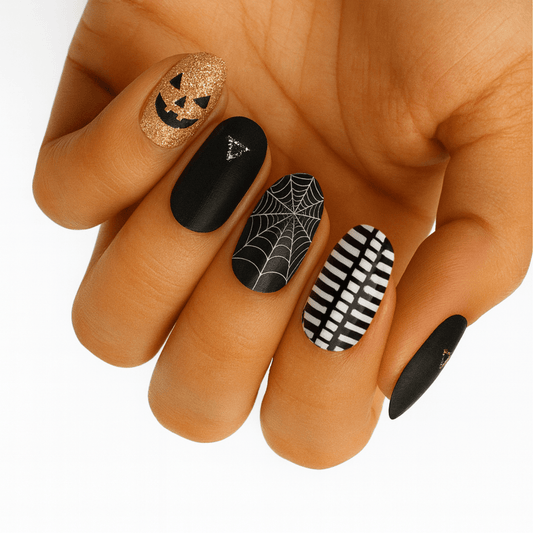 Halloween nail wraps on hand with black, gold glitter pumpkin faces and spider web designs