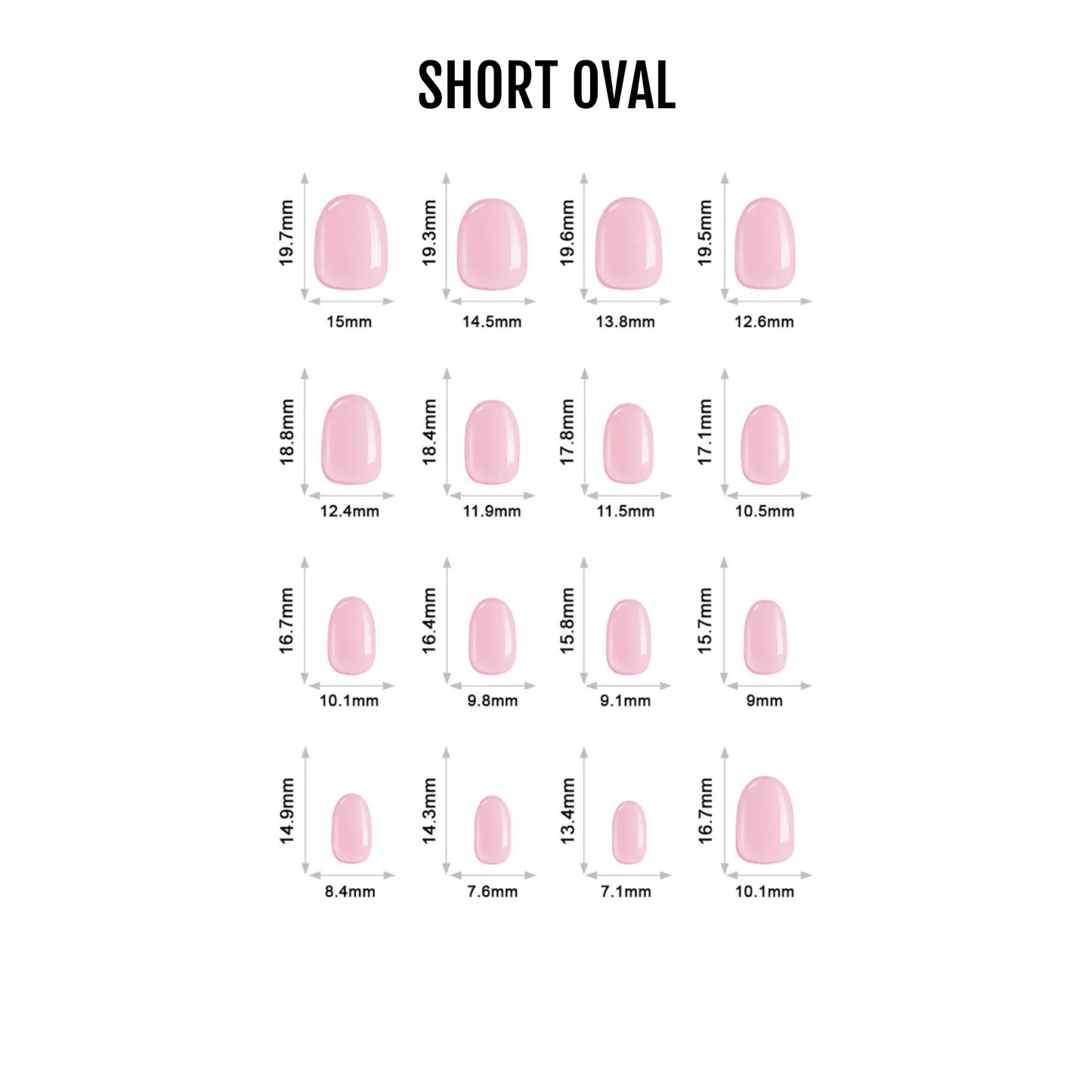 Pink nude short oval press-on nails size chart showing different nail dimensions for at-home manicure