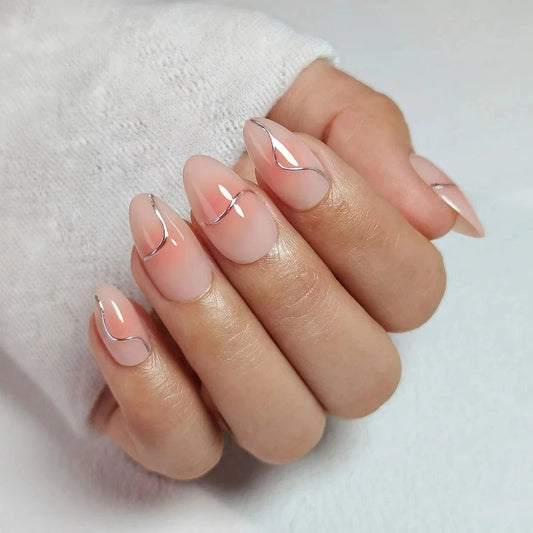 Rose pink chrome press-on nails short almond shape on hand glossy finish