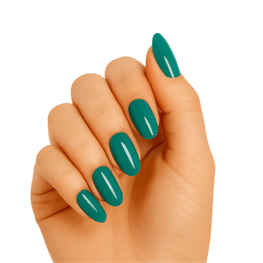Hand wearing glossy aquamarine green gel nail wraps for at-home manicure
