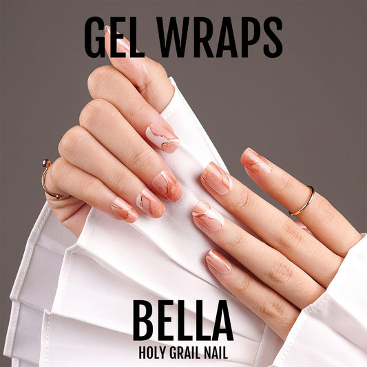 Hands showcasing nude marble gel nail wraps with rose gold shimmer finish