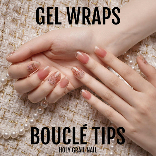Nude bouclé textured gel nail wraps on hands showing ombre French tip manicure design