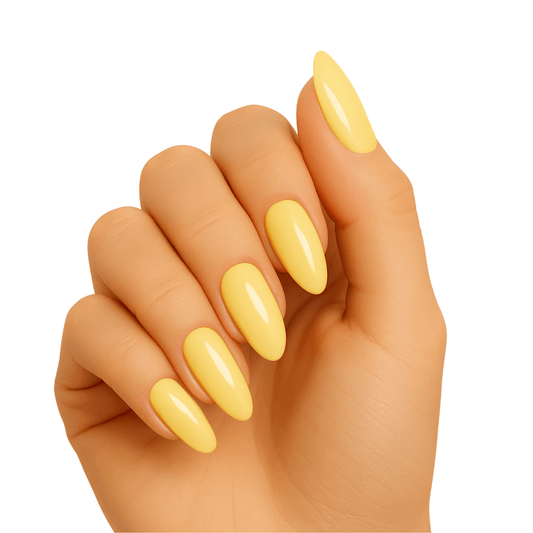 Glossy yellow pastel gel nail wraps on hand showing almond shaped manicure