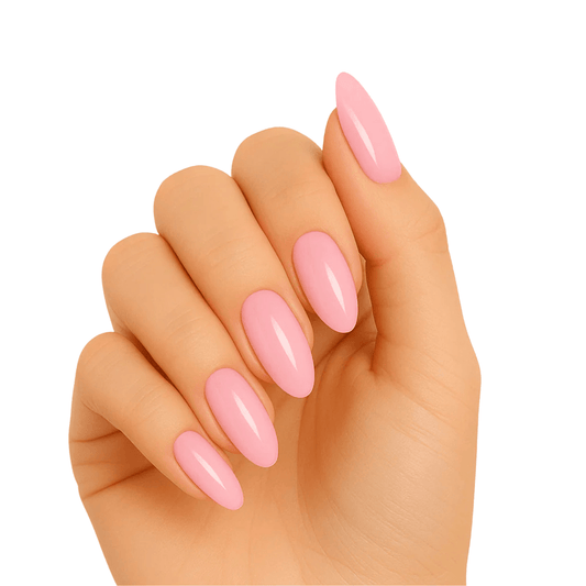 Pink glossy gel nail wraps on hand showing carnation ballerina shape semi-cured manicure