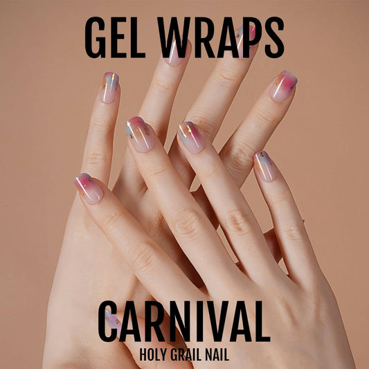 Multicoloured chrome gel nail wraps on hands displaying rainbow carnival finish