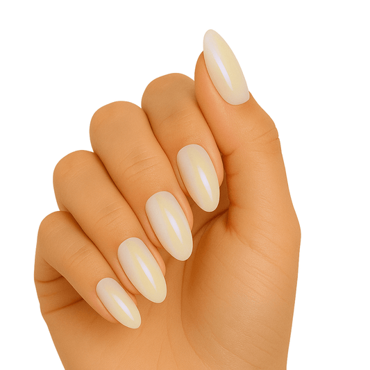Cream chrome gel nail wraps on hand showing glossy chameleon finish