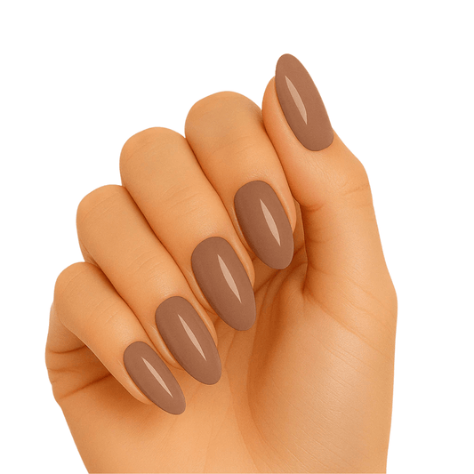 Coffee brown gel nail wraps in glossy nude finish on manicured hand