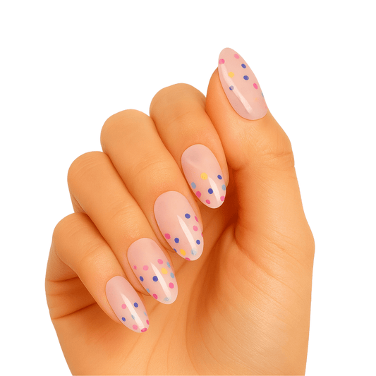 Pink gel nail wraps with colourful confetti dots pattern on hand