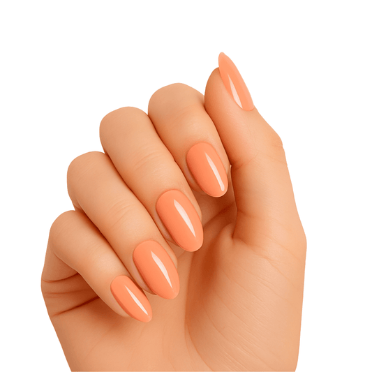 Coral orange gel nail wraps on hand showing glossy finish manicure