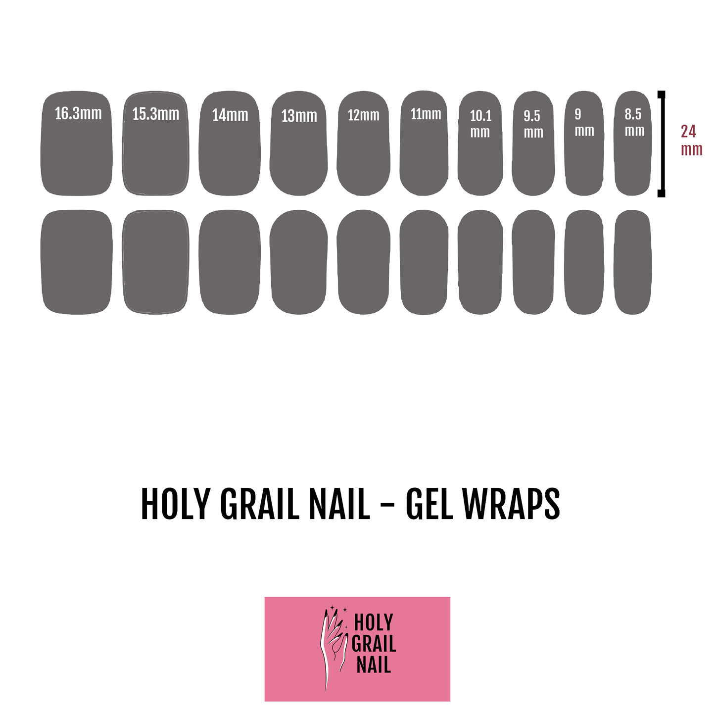 Gel nail wraps size chart showing twenty different nail sizes for perfect fit