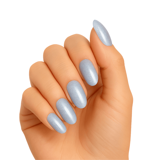 Ice blue metallic gel nail wraps on hand showing diamond dust glitter finish