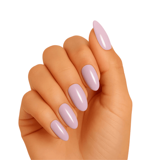Dusty pink glossy gel nail wraps on hand showing mauve manicure finish