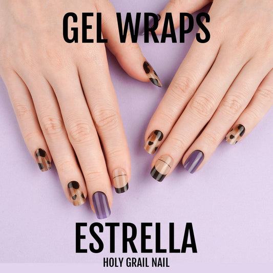 Purple and brown leopard print gel nail wraps with glossy finish on hands manicure