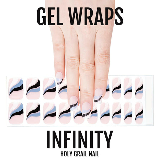 Abstract wave pattern gel nail wraps in blue pink and black curved lines design
