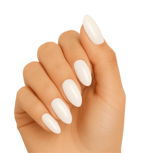 Glossy ivory white gel nails in almond shape on hand for bridal manicure