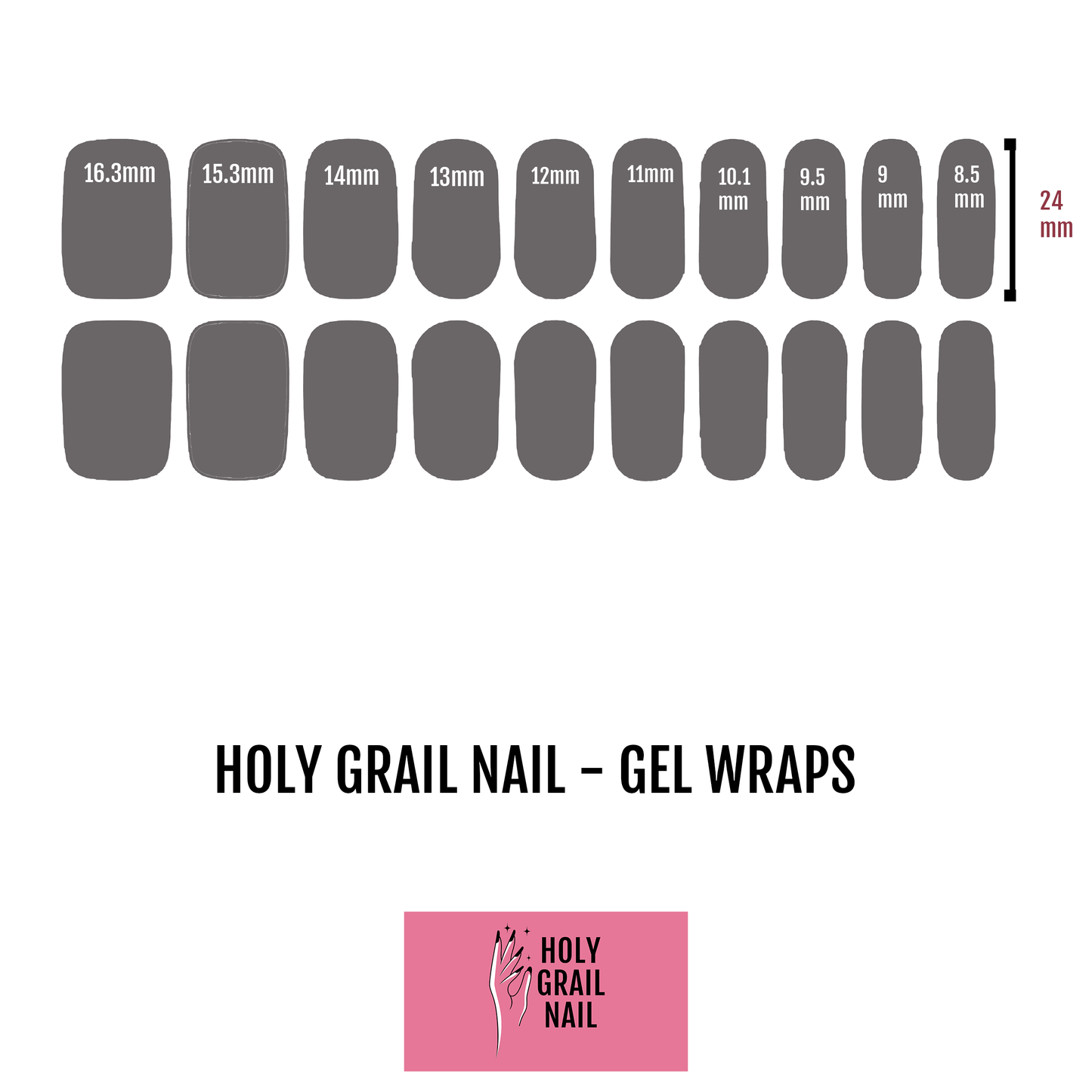 Gel nail wraps sizing chart showing different nail sizes from 16.5mm to 8.5mm