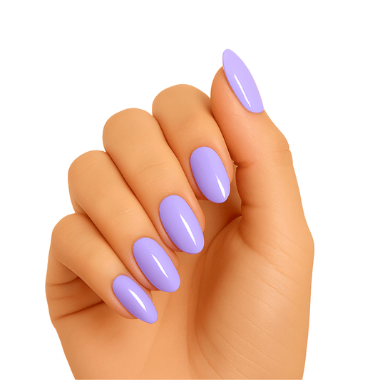 Hand displaying lavender semi-cured gel nails with glossy purple finish for spring manicure