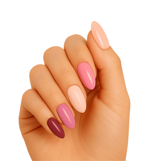 Pink ombre gel nail wraps on hand showing gradient pastel manicure design