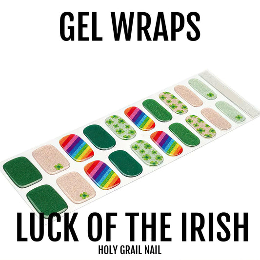 St Patrick's Day gel nail wraps with green shamrock rainbow glitter patterns