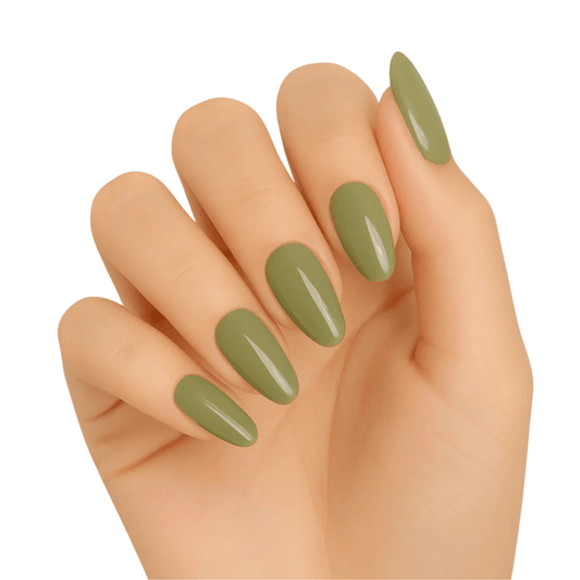 Matcha latte olive green gel nails on hand for at-home manicure