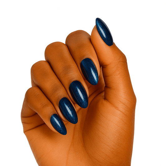 Dark blue holographic gel nail wraps on hand with iridescent shimmer finish