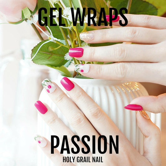 Bright pink gel nail wraps on hands holding white roses