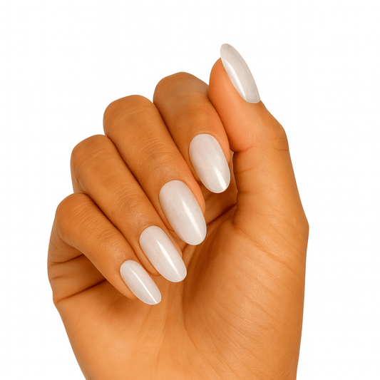 Hand showing pearl sheen gel nail wraps in nude white with subtle opalescent shimmer