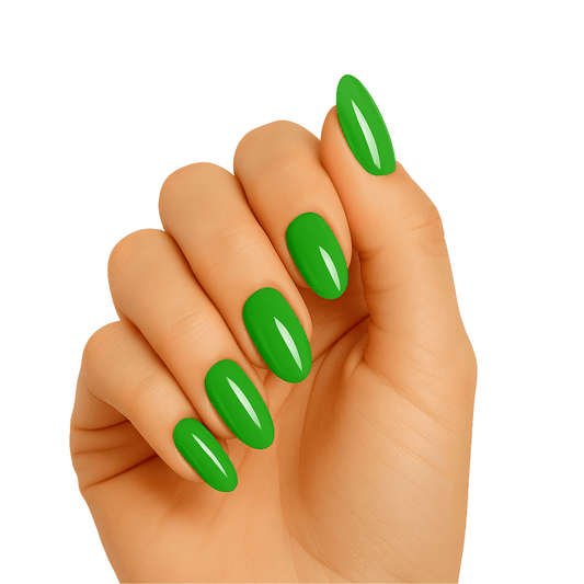 Bright green glossy gel nail wraps on hand showing vibrant emerald manicure