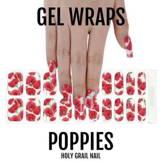 Red poppy floral gel nail wraps displayed on hand with matching wrap sheet